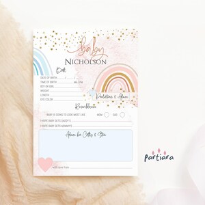 Modèle de carte de jeu de prédiction arc-en-ciel bohème, voeux de baby shower de jumeaux et conseils imprimable, déco bleu rose pastel, téléchargement modifiable P136