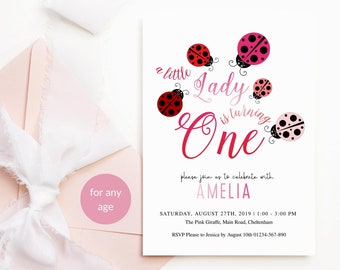 Editable Ladybug 1st Birthday Invitation Template, Girls Little Lady Bird Party Invite Printable, Black Red Decor, Digital Download P395