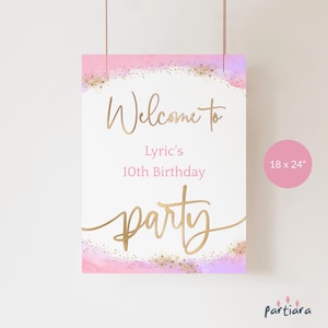 Cartello di benvenuto per compleanno di una bambina, stampabile, poster di benvenuto per la festa del 10° compleanno, download digitale, decorazioni con stelle rosa pastello, viola e oro, modificabile P806