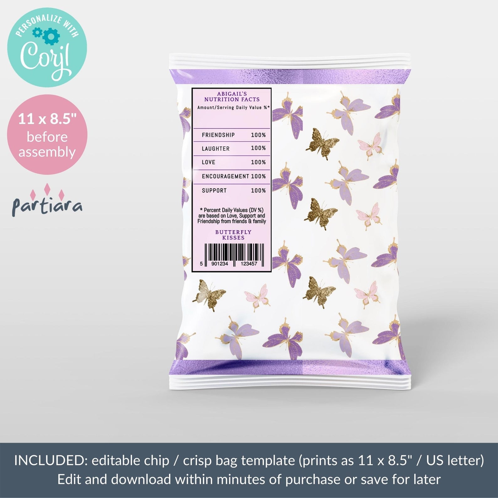 Butterfly Chip Bag DIY Printable Editable Template Girl 1st Etsy UK