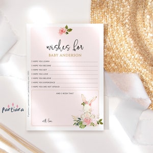 Bearbeitbare Wünsche für Babyhase, Mädchen-Babypartywünsche und Ratenkarte druckbar, rosa Blumenkaninchendekor, bearbeitbare Download-Vorlage P376