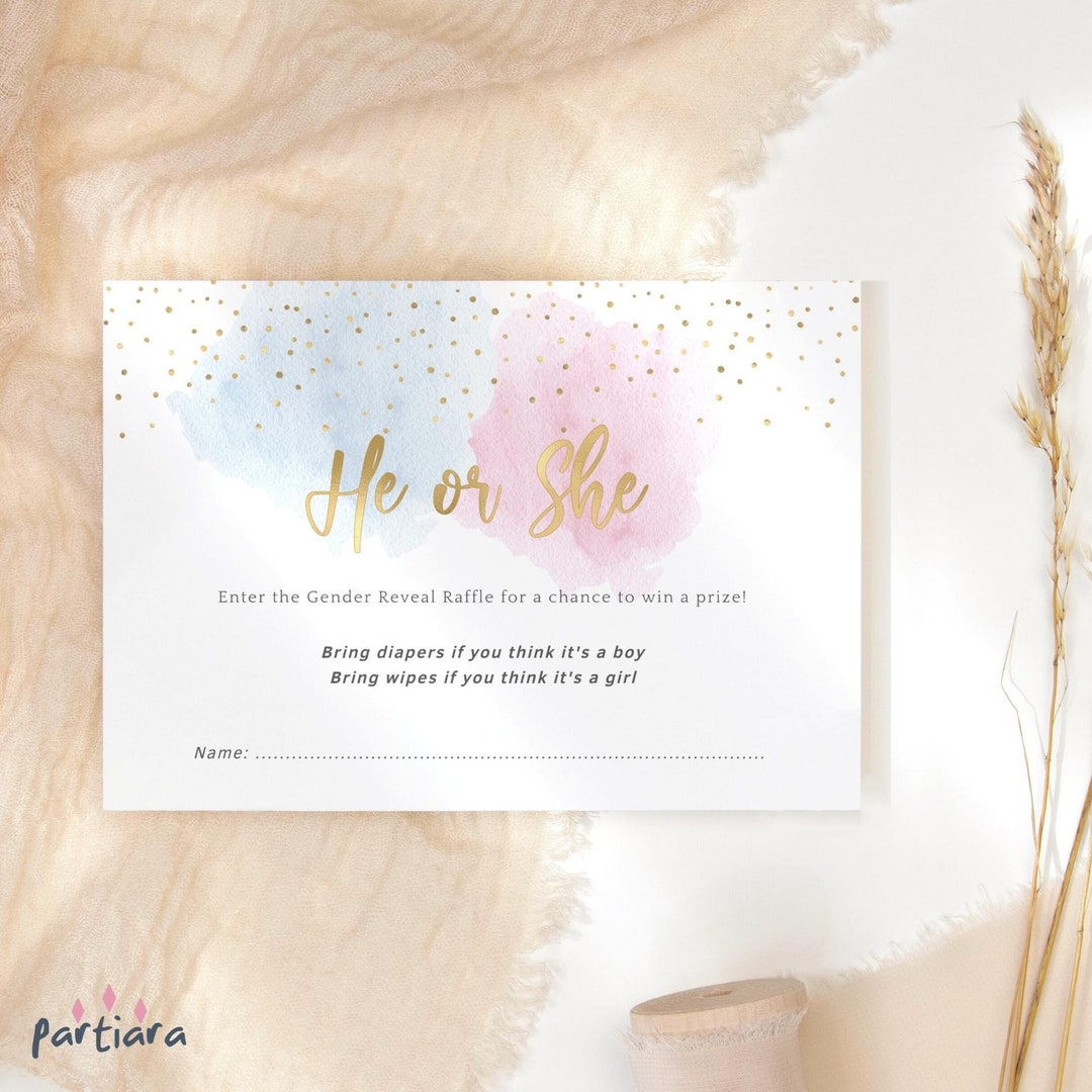 Gender Reveal Raffle He or She Diaper or Wipes Tickets Game Card ...