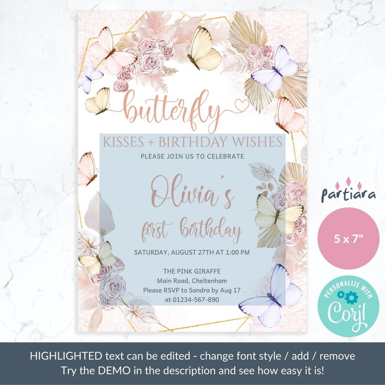 Puede incluir: Una invitaci&oacute;n de primer cumplea&ntilde;os con tem&aacute;tica de mariposas rosa y azul con detalles dorados. La invitaci&oacute;n presenta un dise&ntilde;o de mariposa acuarela con el texto "Olivia's first birthday" y detalles para el evento, incluyendo la fecha, la hora, la ubicaci&oacute;n y la informaci&oacute;n de RSVP.