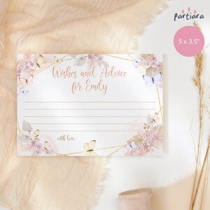 Kaartsjabloon bohowensen en advies, meisjes verjaardag Notecard afdrukbare, roze pastel bloemen vlinder pampas decor, bewerkbare download P171