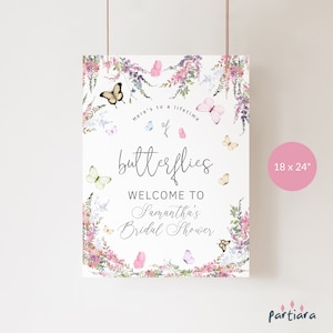BUTTERFLY Bridal Shower Sign, Welcome Poster Heres to a Lifetime of Butterflies Printable, Wildflower Floral Pastel Decor, Editable P256