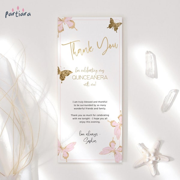 Pink Gold Butterfly Thank You Card Table Plate Decor Editable Template Girl Quinceanera Birthday Baby Shower Baptism Printable Download P293