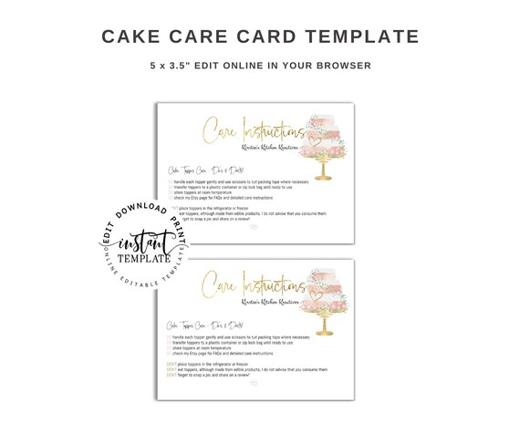 Cake Product Care Instruction Card Printable Etsy Seller Etsy