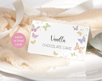 Editable Food Tent Cards, Butterfly Name Place Card Template Buffet Food Table Labels Baby Shower Birthday Baptism Printable Party Decor P87