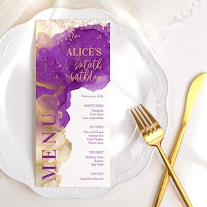 Modèle modifiable de carte de menu mauve royal doré pour femmes, anniversaire, dîner, menus, téléchargement immédiat, assiette fine, décor P281