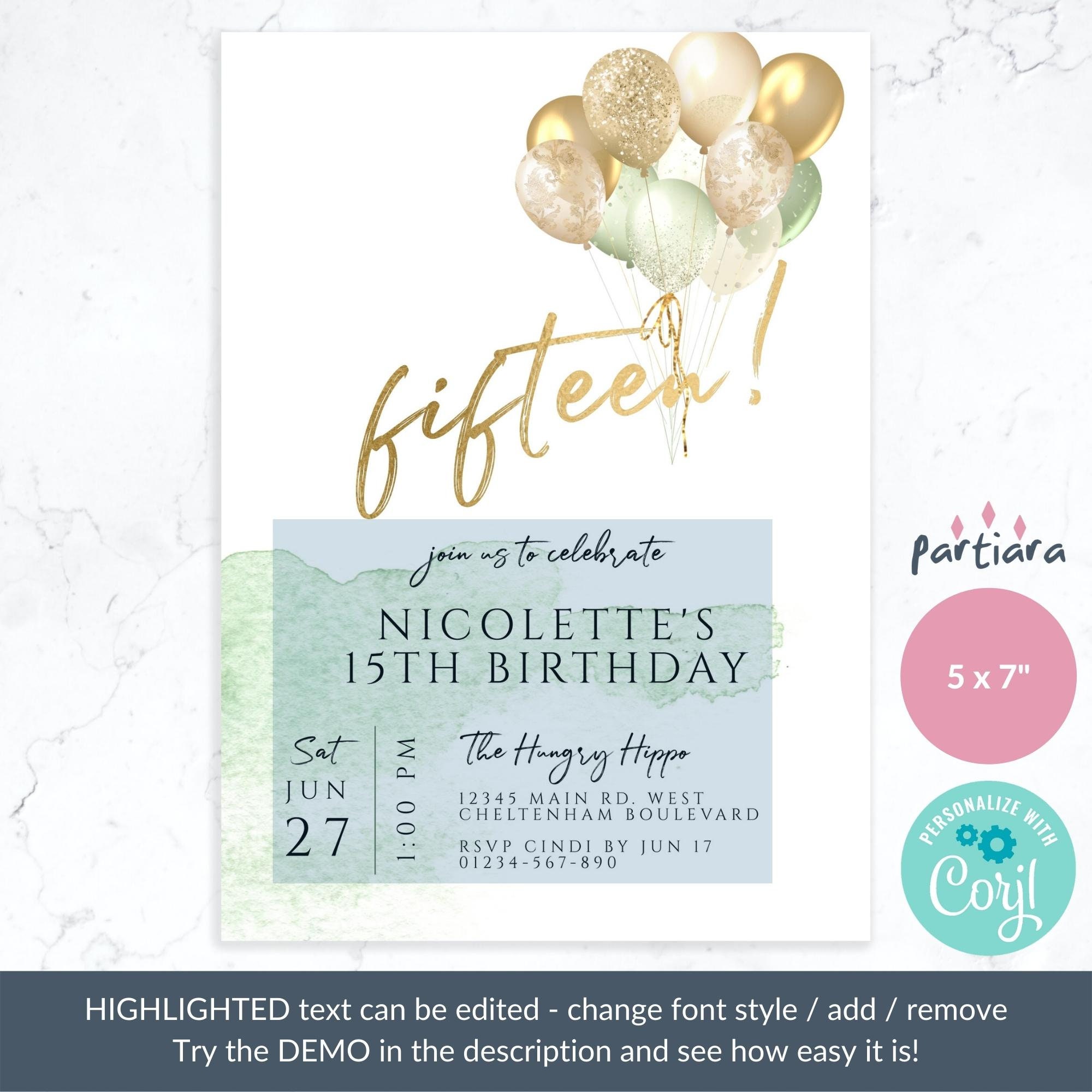 Girl 15th Birthday Invitation Printable Mint Green Gold - Etsy