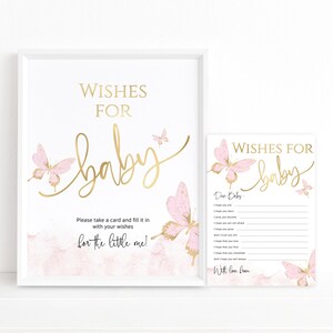 Cartel y tarjeta de felicitación para baby shower con diseño de mariposas, imprimible, plantilla editable para póster de mesa de deseos y consejos en color rosa pastel P293