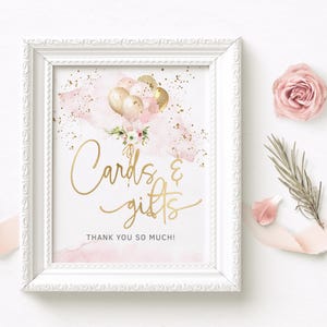 Rosa Karten und Geschenke Zeichen, Geburtstag Tisch Poster druckbar, Mädchen-Babypartygeschenk Tisch Zeichen, Luftballons Dekor Bearbeitbar Digitaler Download P344
