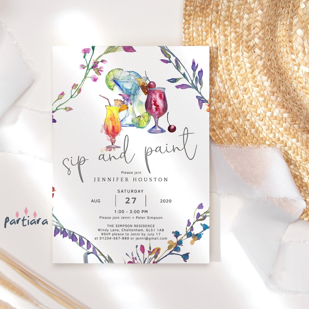Sip and Paint Editable Invitation Template, Paint and Sip Cocktails Sip and Paint Editable Invitation Template, Paint and Sip Cocktails