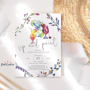 Sip and Paint Editable Invitation Template, Paint and Sip Cocktails Party Invite Printable Digital Download, Adult Birthday Wildflowers P9