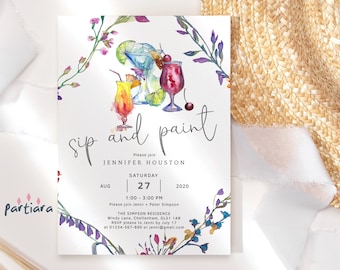Sip and Paint Editable Invitation Template, Paint and Sip Cocktails Party Invite Printable Digital Download, Adult Birthday Wildflowers P9