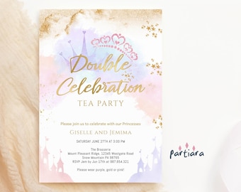 Twin Princesses Birthday Invitation Printable Girls Siblings Sisters Fairytale Party Invite Editable Download Template Pink Lilac Gold P137