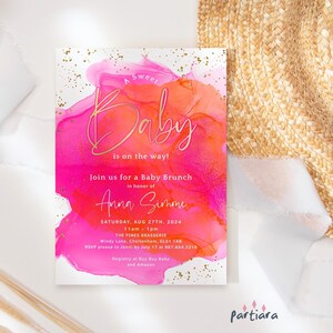 Szablon zaproszenia na przyjęcie dla niemowląt Tropical Baby Shower, zaproszenie na imprezę dla dziewcząt do wydrukowania, gorący różowo-pomarańczowy wystrój, edytowalna cyfrowa karta do pobrania P200