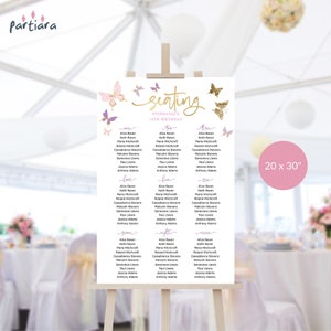 Schmetterling Tisch Sitzplan, Baby Shower Schmetterlinge Sitzplan Printable, Mädchen Taufe oder Taufe Rosa Lila Dekor, Bearbeitbar P345
