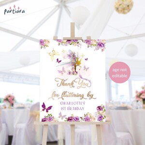 Fairy First Birthday Thank You Sign Printable, Girl&#39;s 1st Butterfly Enchanted Garden Party Welcome Poster Purple Pink Decor, Editable P276