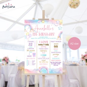 Cartello miliare arcobaleno pastello stampabile per la festa del primo compleanno della bambina, poster delle statistiche di nascita, ricordo, download digitale modificabile, modello A2 P179