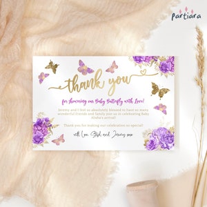 Carte de remerciement papillon mauve imprimable, carte de remerciement pour 16 anniversaires, carte de remerciement pour fête de naissance fille, remerciement, téléchargement numérique modifiable P36