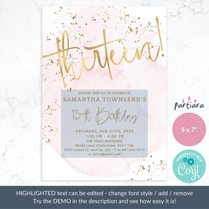 13th Birthday Invitation Girl Editable Pastel Blush Pink Gold Party Invites Printable Instant Download Summer Disco Dance
