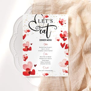 Valentinstag Menü Vorlage, Valentinstag Abendmenüs Printable, Geburtstag Sweetheart Party Tisch Rosa Rot Herzen Decor, bearbeitbar P121