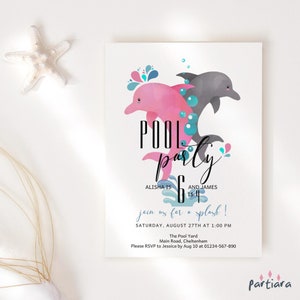 Gemeinsame Pool-Party Einladung Vorlage, Jungen und Mädchen Geburtstag einladen bedruckbar, rosa graue Delphinkarte, bearbeitbarer digitaler Download P273