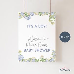 Blue Hydrangea Welcome Sign Baby Shower Party Poster, Boy Baby Sprinkle Floral Decor Printable Editable Digital Download Template P44
