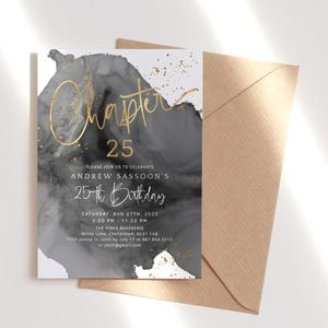 25 Geburtstagseinladung Vorlage, Kapitel 25 Lädt Schwarz und Gold Dekor Printable, Männer oder Damen Dinner Drinks Events, bearbeitbar P268