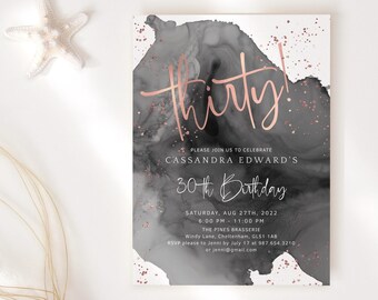 30th Birthday Invitation Ladies Black Rose Gold Surprise Dinner and Drinks Party Invitations Printable Editable Digital Download P238