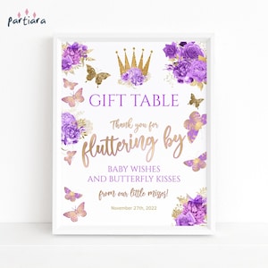 Vlinder cadeau tafel bord babyshower sjabloon, meisjes 1e verjaardag bloemen cadeaus en kaarten poster afdrukbaar, paars lila prinses decor P36