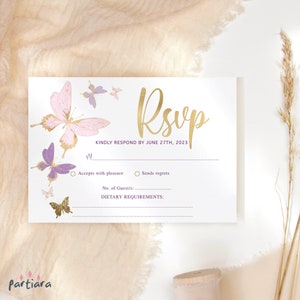 Modello modificabile per biglietto RSVP a farfalla, invito per baby shower, biglietti da visita stampabili, biglietti di auguri di compleanno rosa cipria e lilla P345