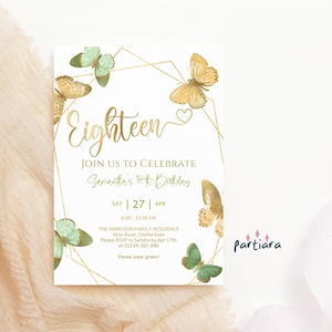 Faire-part 18 ans papillon, modèle d'invitation anniversaire filles 18 ans, carte de fête dîner or vert menthe imprimable, téléchargement numérique modifiable P149