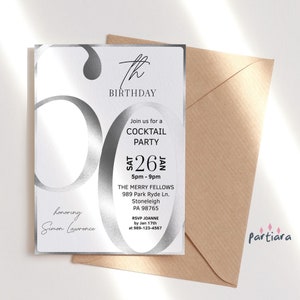 Mens 60th Birthday Invitation Template, Silver 60th Dinner Party Invite Printable, All White Events Decor, Editable Digital Download P853
