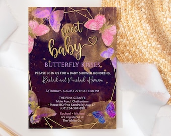 Butterfly Baby Shower Invitation Girls: Purple Pink Butterflies Editable Template P342
