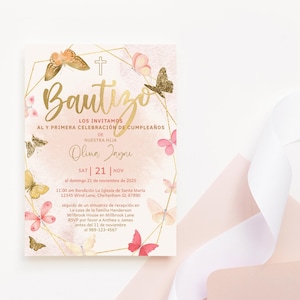 Spanische Taufe laden Schmetterling Party Vorlagen, Mädchen Boho Schmetterlinge Einladung ein, 1. Geburtstag gemeinsame Partykarte, bearbeitbar P130