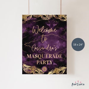Masquerade Party Sign, Birthday Welcome Printable, Royal Purple Gold Decor, Teen Girls or Ladies Dinner ance, Editable Download P194