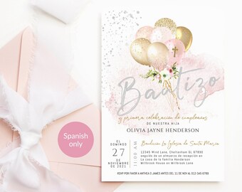 Invitaciones de Bautizo: Plantilla editable de invitación de bautizo para niñas en español - Globos de primer cumpleaños P344