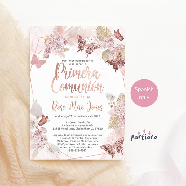 Invitation première communion espagnole Primera Comunion fille modifiable, modèle floral P171 imprimable pour fille, rose et or, papillon, pampa