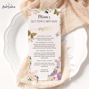Modelo de menu de borboleta, menus de festa de aniversário no jardim encantado para impressão, decoração de mesa de chá de bebê para meninas, lilás rosa pastel editável P328