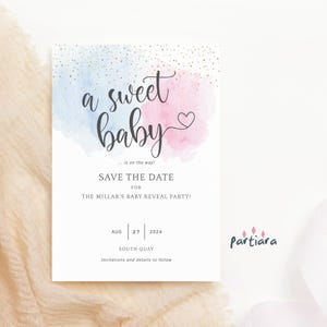 Plantilla editable de nubes de humo rosa y azul pastel con descarga digital, tarjeta imprimible para guardar la fecha de revelación de género, tarjeta para guardar la fecha de baby shower, P16