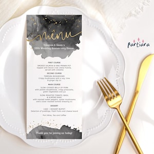 Szablon karty menu urodzinowego dla nastolatków, menu na przyjęcie obiadowe do wydrukowania dla chłopców lub mężczyzn, czarno-biało-złota dekoracja stołu, edytowalny P268