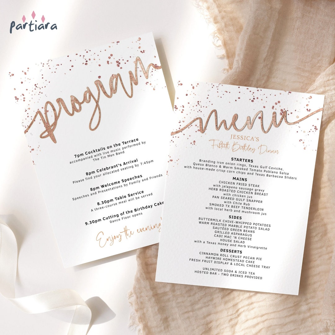 Rose Gold Program Card, Menus and Table Programs Template Printable ...
