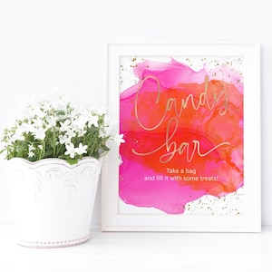 Letrero imprimible para barra de dulces de cumpleaños, póster de fiesta tropical, decoración en rosa intenso, naranja y dorado para chicas adolescentes o damas, descarga de plantilla editable P200