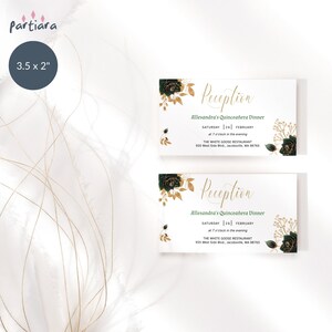 Afdrukbare ontvangstkaarten Quinceanera, smaragdgroen gouden bloemen dinerfeest herinneringskaart bewerkbare digitale downloadsjabloon P193
