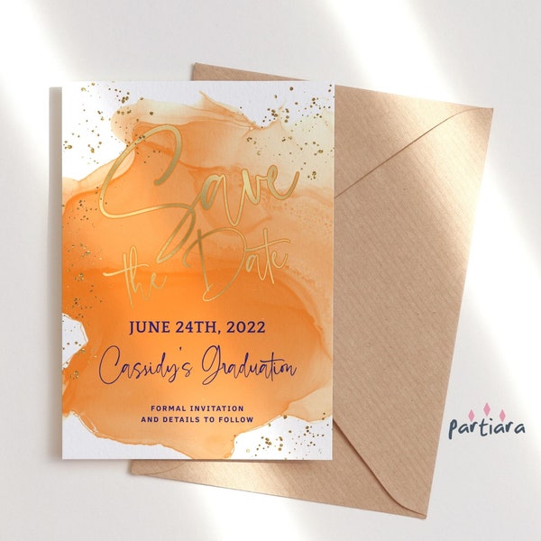 Save the Date Card Printable Orange Gold Graduation Party Announcement Editable Template Ladies Birthday Dinner Cruise Digital Download P515