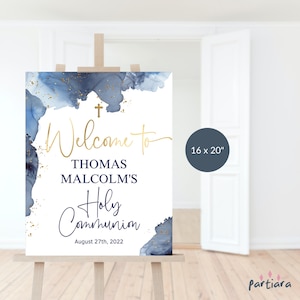 Boy&#39;s Communion Welcome Sign Printable First Holy Communion Party Welcome Poster Decor Editable Download Template Navy Blue Gold  P132 P239