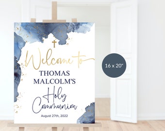 Boy's Communion Welcome Sign Printable First Holy Communion Party Welcome Poster Decor Editable Download Template Navy Blue Gold  P132 P239