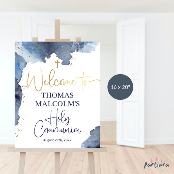 Boy's Communion Welcome Sign Printable First Holy Communion Party Welcome Poster Decor Editable Download Template Navy Blue Gold  P132 P239